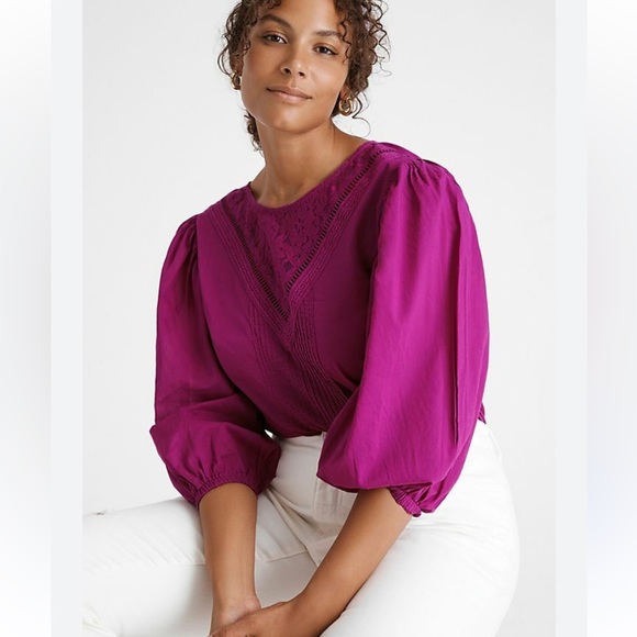 Anthropologie Farm Rio Purple magenta Puff Sleeve 3/4 sleeve blouse shirt top XS - Picture 1 of 9